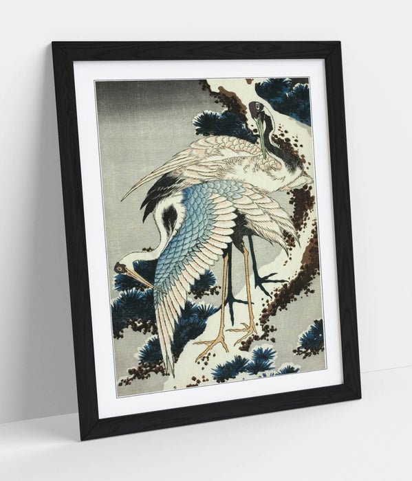 Framed Art Poster – Katsushika Hokusai Cranes On Snow Covered Pine Print – Woodgrain Frame