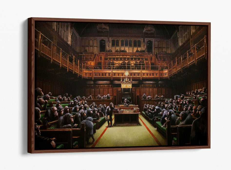 BANKSY, MONKEY PARLIAMENT BROWN SEPIA TONES -FLOAT EFFECT CANVAS WALL ART PRINT