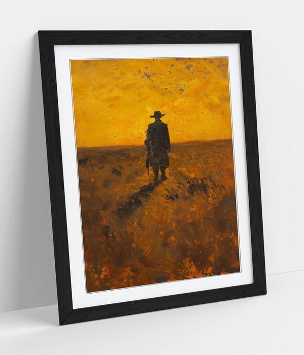 Framed Wall Art - Wandering Cowboy Sunset Landscape Print | Rustic Woodgrain Frame