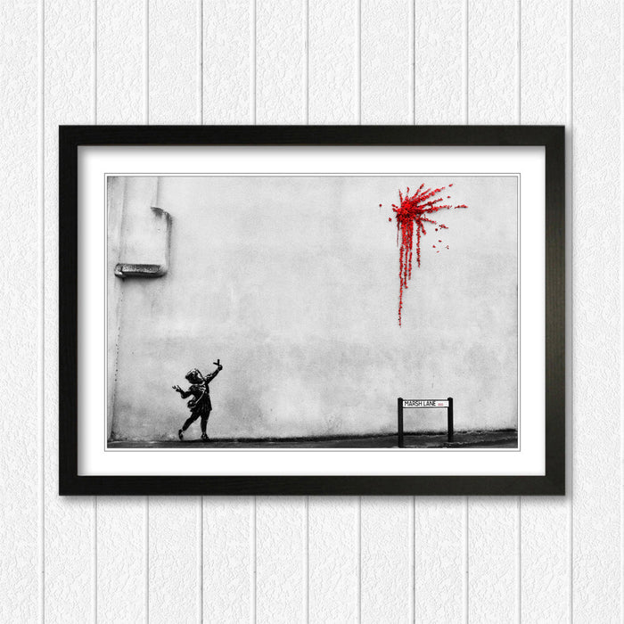 Banksy Valentines Day Art - Framed Art Print With Handmade UK Wood Grain Frame