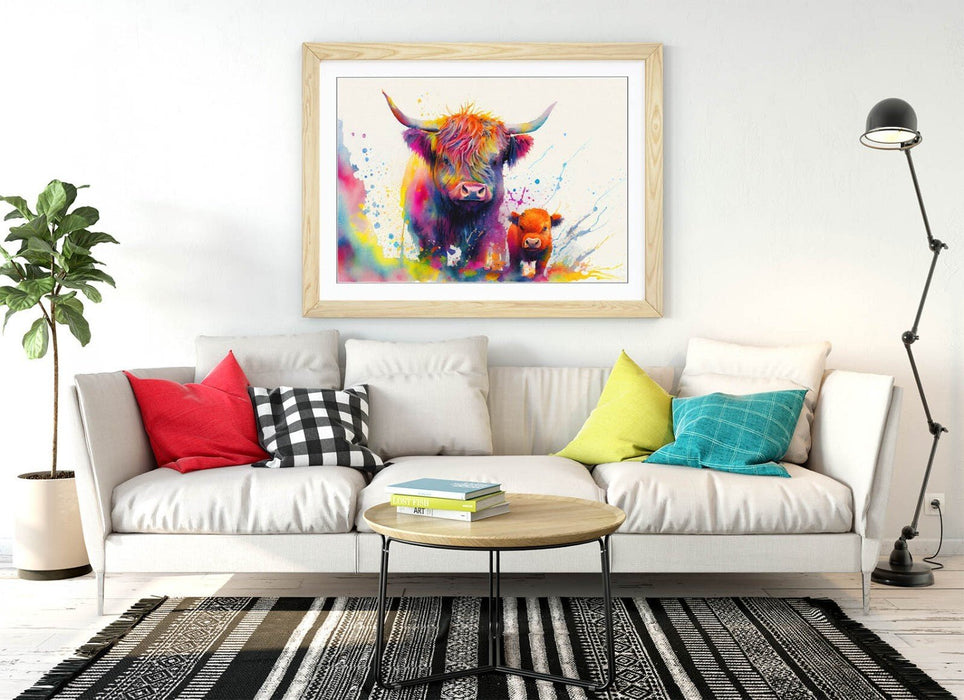Framed Wall Art - Colorful Highland Cow Print Mother Child Poster, Handmade