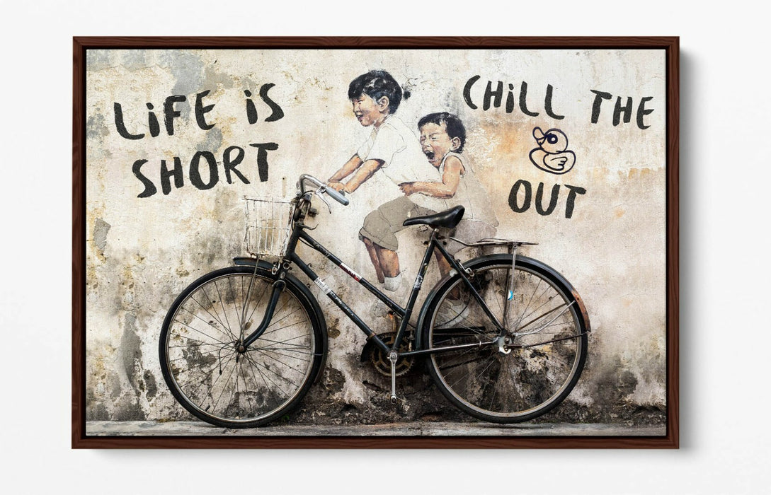 LIFE IS SHORT KIDS ON BIKE -FLOAT EFFECT CANVAS WALL ART PIC PRINT- BEIGE BLACK
