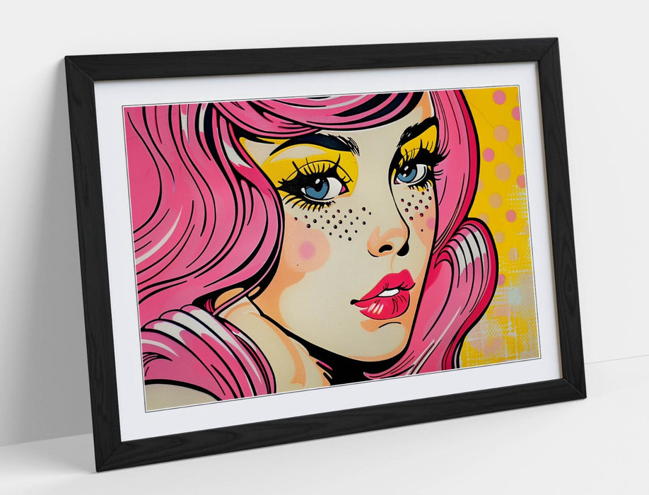 Framed Wall Art - Retro Comic Style Woman Portrait Poster Print With Faux Wood Frame