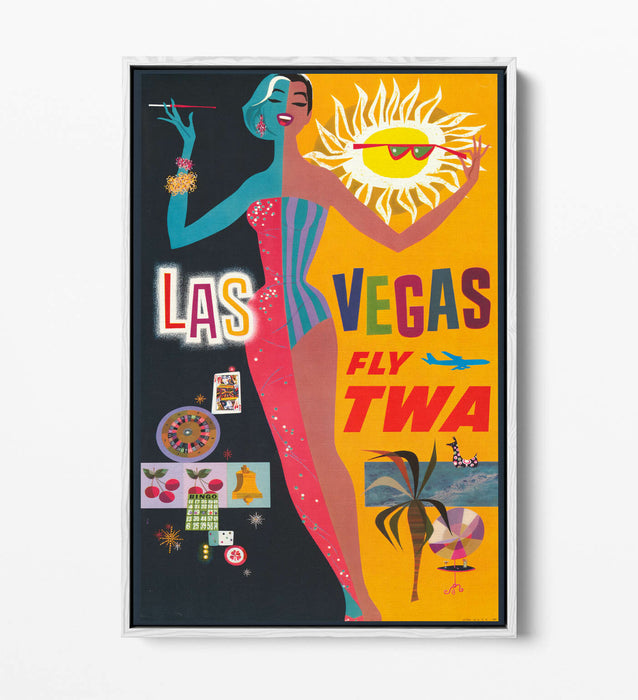 RETRO LAS VEGAS TRAVEL POSTER -FLOAT EFFECT CANVAS ART PRINT- YELLOW BLACK PINK