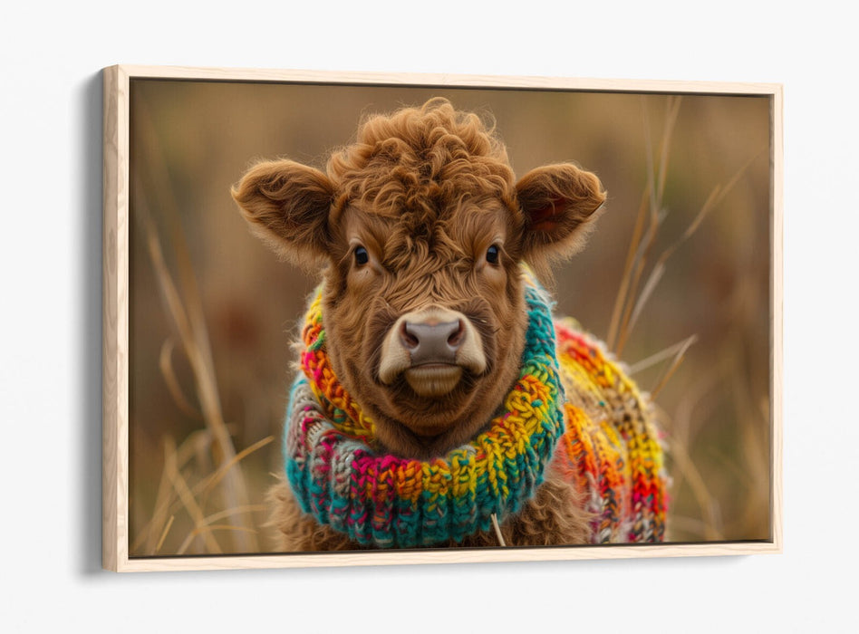 CUTE HIGHLAND COW WEARING RAINBOW JUMPER FLOAT EFFECT CANVAS ART PRINT