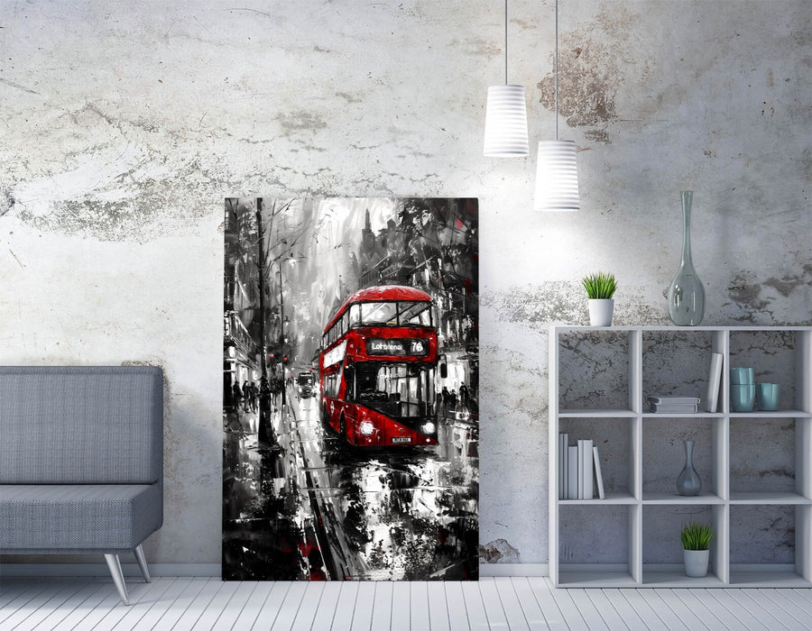 Cityscape Canvas Art - Black White Urban Wall Decor with Red Bus Print, Ready to Hang