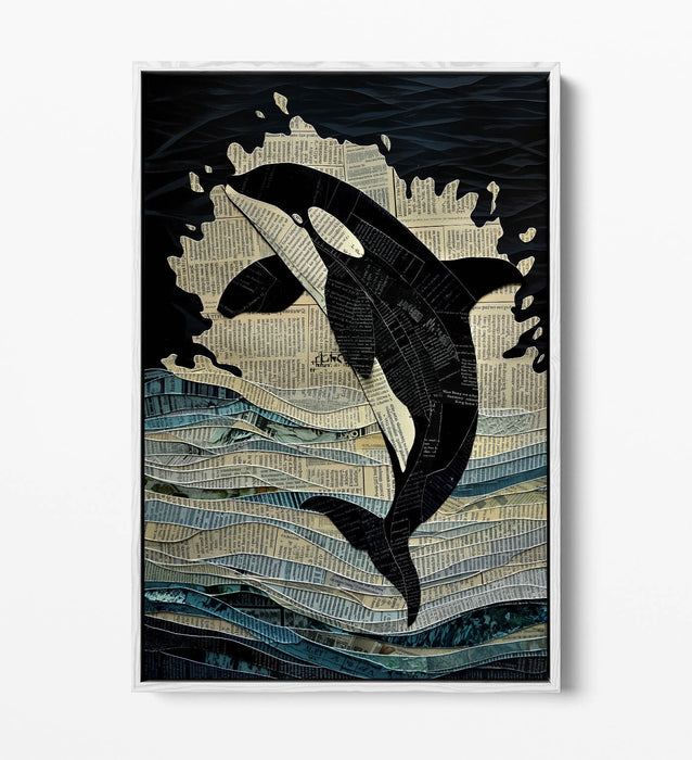 Orca Canvas Art – Jumping Whale Collage Print | Float Effect Wall Art