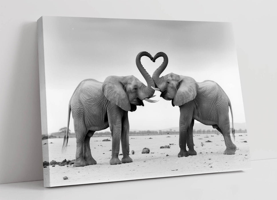 Canvas Wall Art - Black and White Elephants Love Heart Home Decor Print