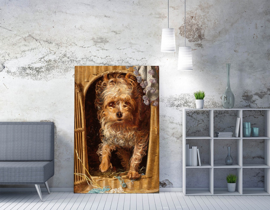 FREDERICK SANDYS, DARBY IN HIS BASKET KENNEL -CANVAS WALL ARTWORK PICTURE PRINT