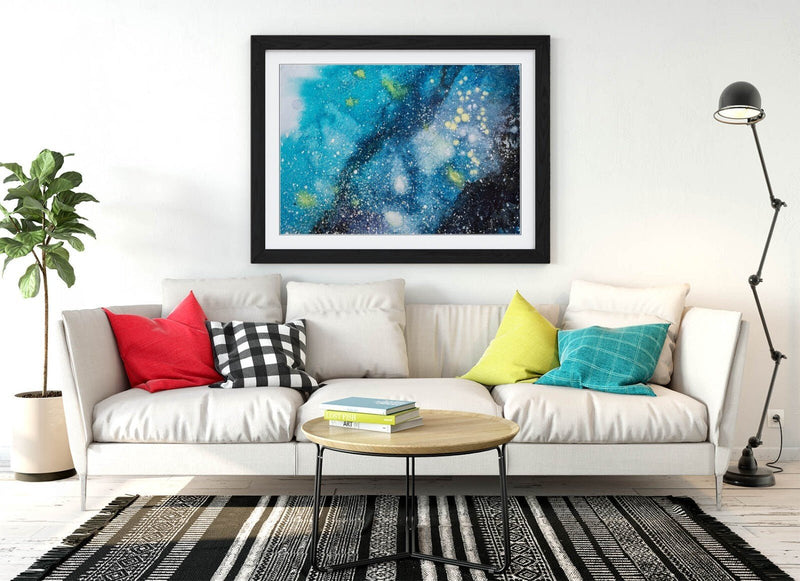 Framed Wall Art Abstract Blue Splash Painting – Modern Home Decor Print