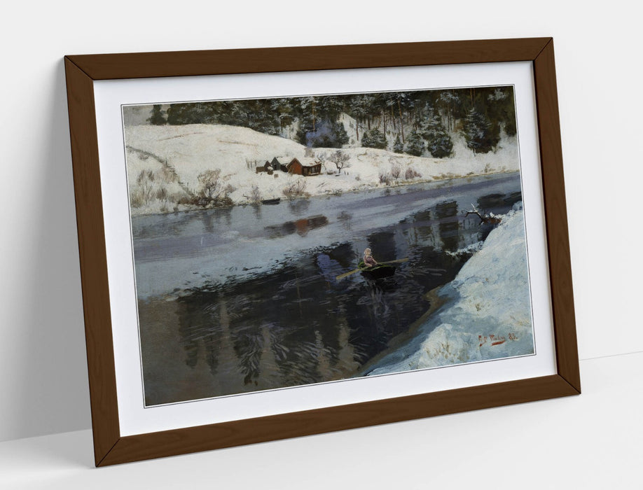 Framed Wall Art – Frits Thaulow Winter River Painting with Woodgrain Frame