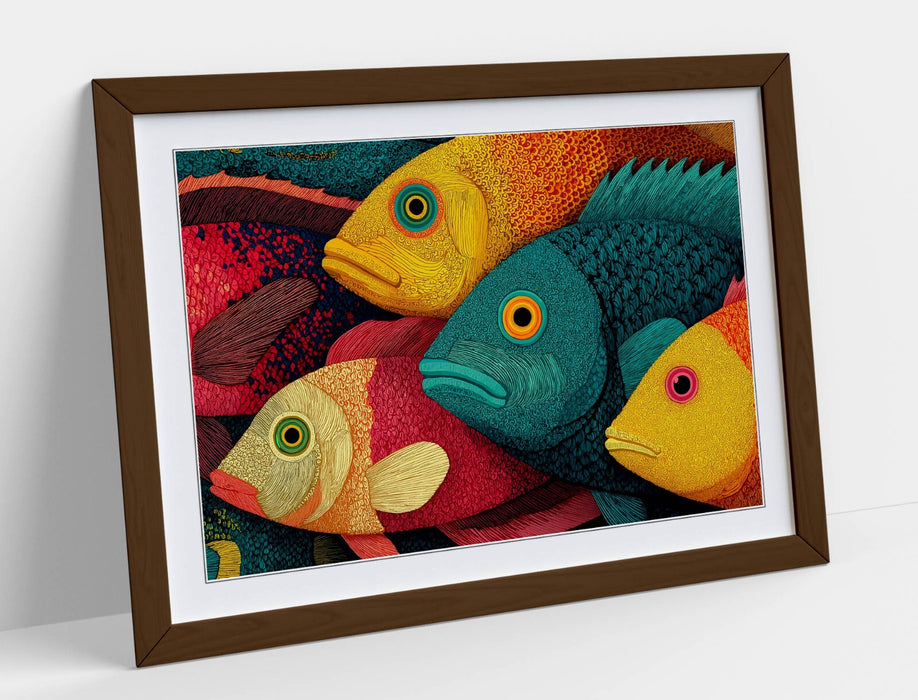 Framed Wall Art – Multi Color School Of Fish Print With Woodgrain Frame