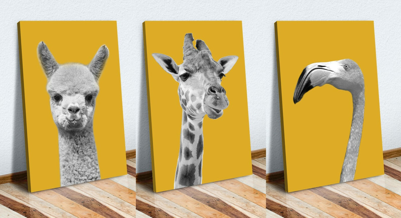 Canvas Wall Art | Handmade UK Giraffe Canvas Print Set - Black White Mustard