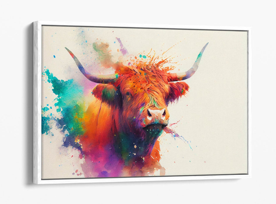 COLOURFUL HIGHLAND COW WATERCOLOUR SPLASH FLOAT EFFECT CANVAS ART PIC PRINT
