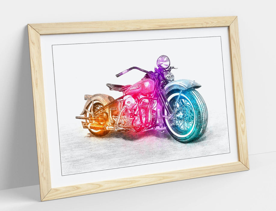 Motorcycle Art Poster – Framed Wall Art With Woodgrain Frame Finish | Handmade Print