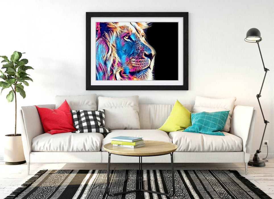 PURPLE BLUE LION SKETCH BLACK BACKGROUND 2 -FRAMED ART POSTER PICTURE PRINT