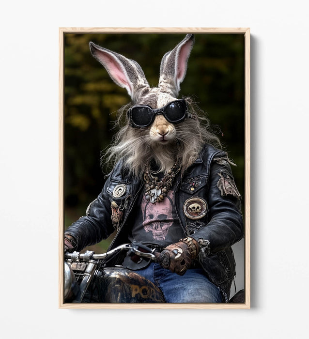 Biker Rabbit Canvas - Funny Anthropomorphic Hairy Rabbit Float Effect Art Print