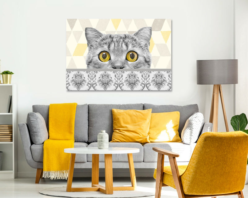 Canvas Wall Art | Peering Cat Yellow Grey Damask Framed Print 30mm Deep