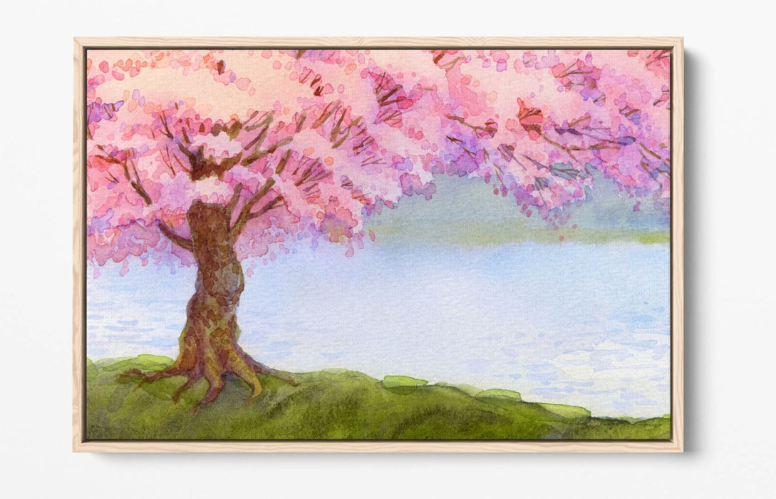 Canvas Wall Art - Pretty Cherry Blossom Tree River Scene Float Effect Print