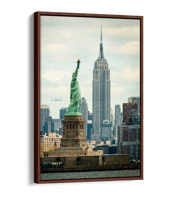 Float Effect Canvas Art - NYC Statue Of Liberty & Empire State Premium Print