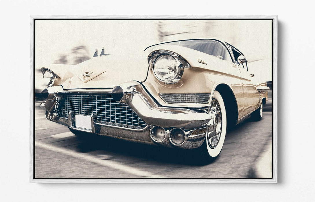 Canvas Wall Art - Cream Cadillac Float Effect On Premium 30mm Deep Frame