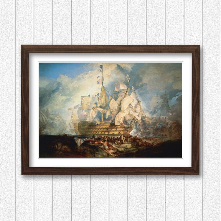 Turner Battle of Trafalgar Framed Art Print – Historic Naval Painting with Woodgrain Faux Frame