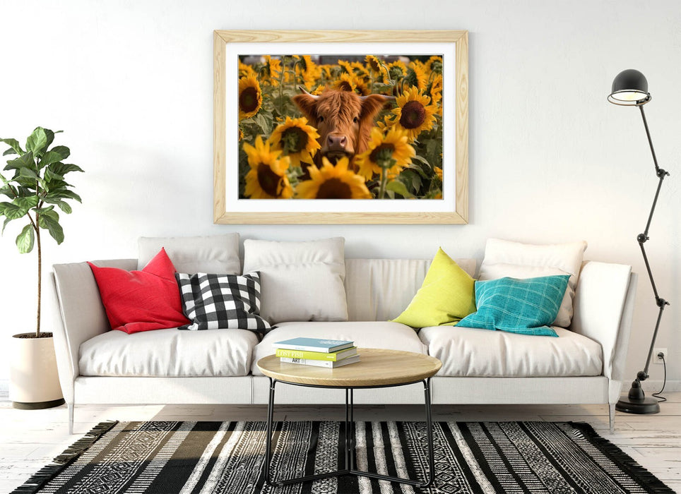 Highland Cow Wall Art – Framed Sunflower Field Poster | Rustic Farmhouse Decor