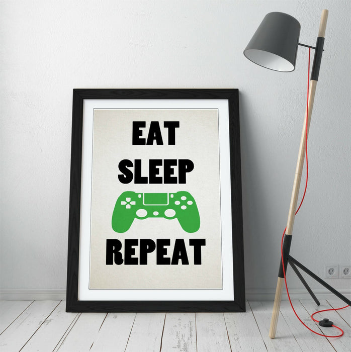 "EAT SLEEP GAME REPEAT" FUNNY GAMER QUOTE KIDS -FRAMED WALL ART PICTURE PRINT