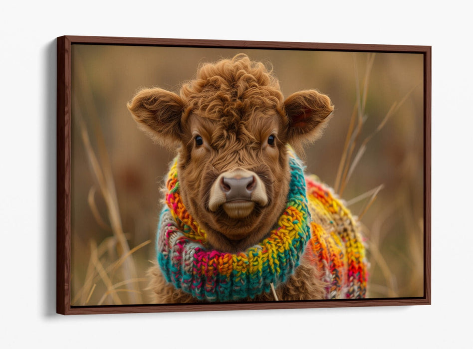CUTE HIGHLAND COW WEARING RAINBOW JUMPER FLOAT EFFECT CANVAS ART PRINT