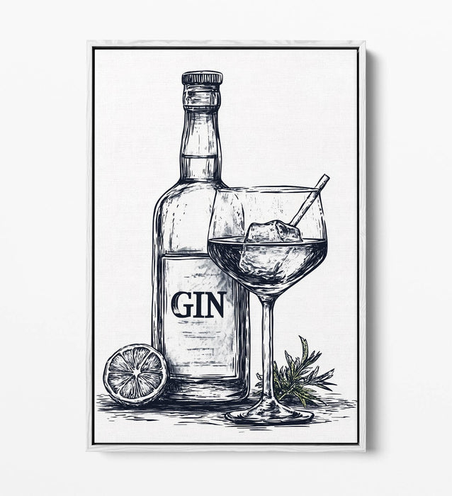 Canvas Wall Art – Gin Bottle Art With Glass Illustration | Float Effect Canvas Print
