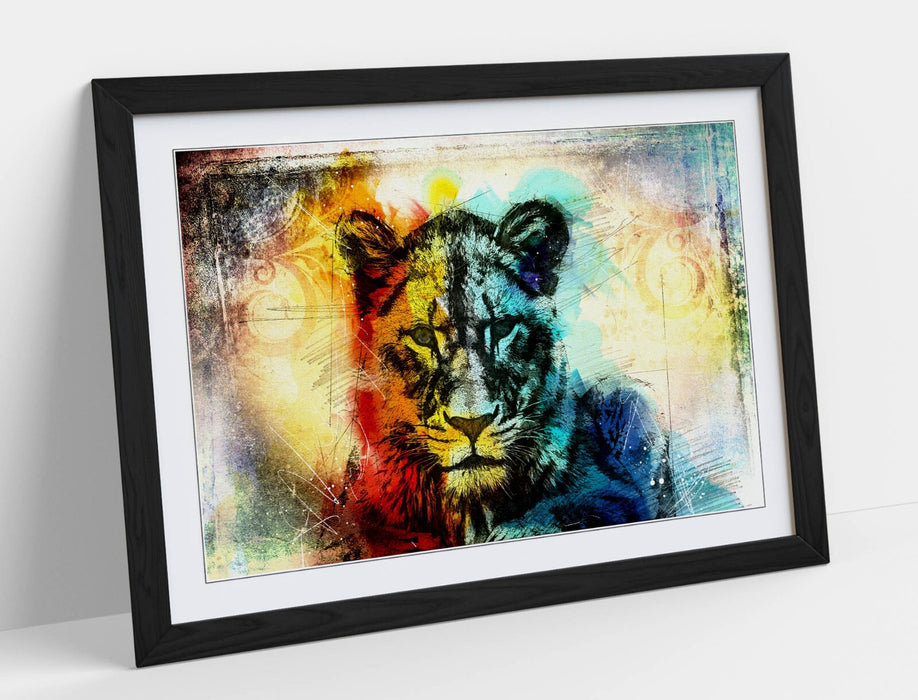 MULTI COLOUR LIONESS SKETCH -FRAMED ART POSTER PICTURE PRINT