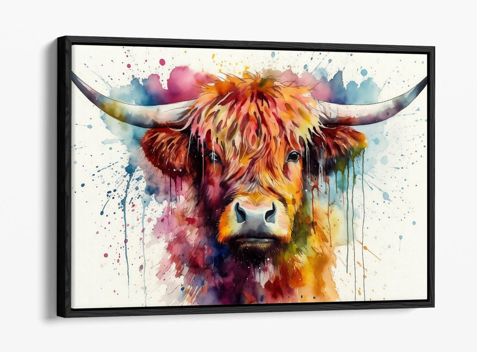 Highland Cow Canvas - Watercolour Animal Print With Float Effect Frame