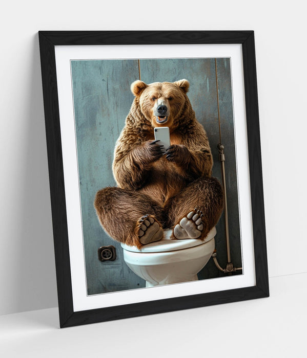 Funny Bear Wall Art - Framed Bathroom Decor With Wood Grain Frame & Matte Paper Print
