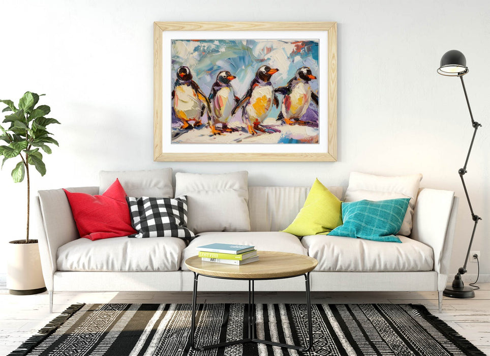 Penguins Wall Art - Cute Group Impressionist Framed Poster Print 4 Sizes