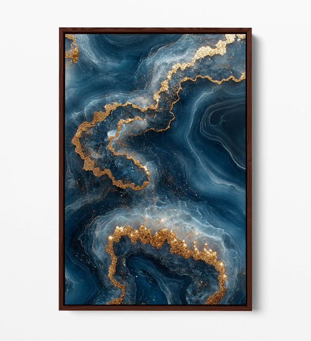 Canvas Wall Art - Gold Blue Abstract Sea Water Print With Float Effect Frame