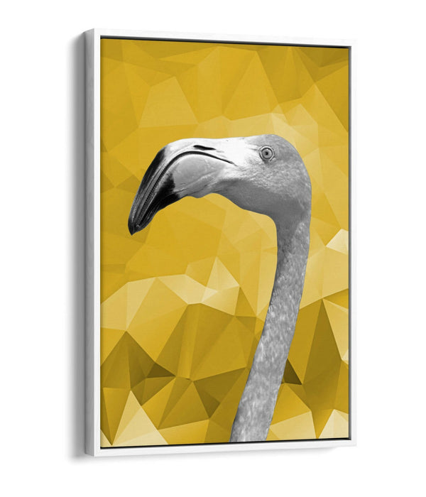 MUSTARD GEO FLAMINGO -FLOAT EFFECT CANVAS WALL ART PIC PRINT- BLACK & WHITE