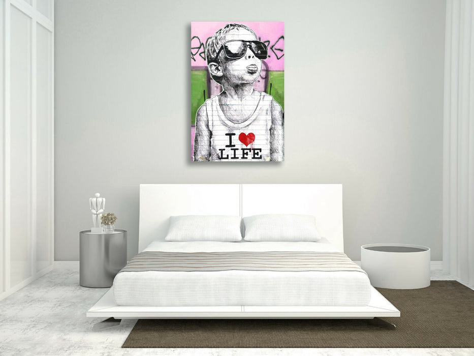 BANKSY I LOVE LIFE BOY CANVAS STREET WALL ART PRINT ARTWORK PINK GREEN