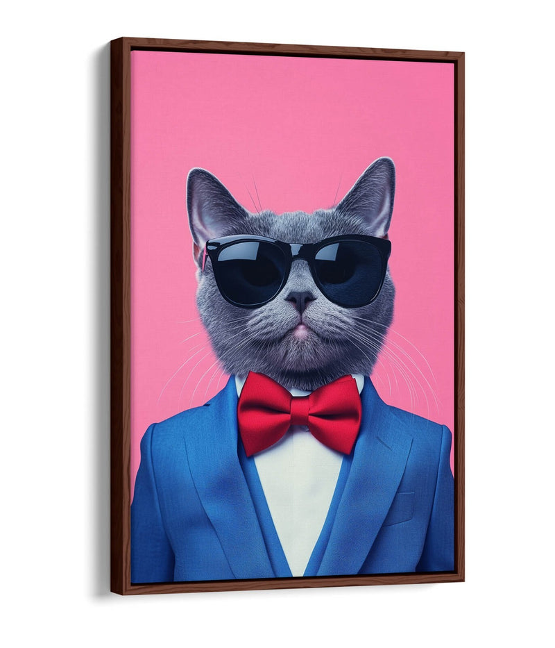 Cat Canvas Wall Art - Funny Cat Wearing Bow Tie & Sunglasses | Premium Float Frame