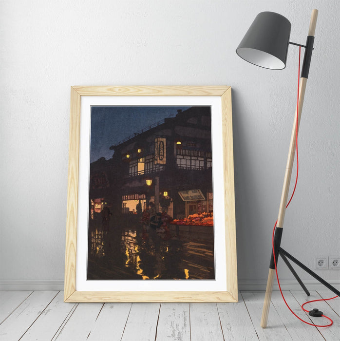 Framed Wall Art Poster - Yoshida Hiroshi Kagurazaka Street Print With Natural Wood Frame