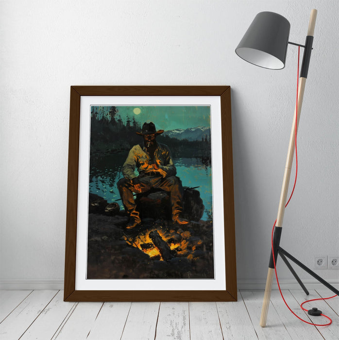 Cowboy Wall Art - Framed Campfire Poster Print With Woodgrain Frame | Rustic Western Decor