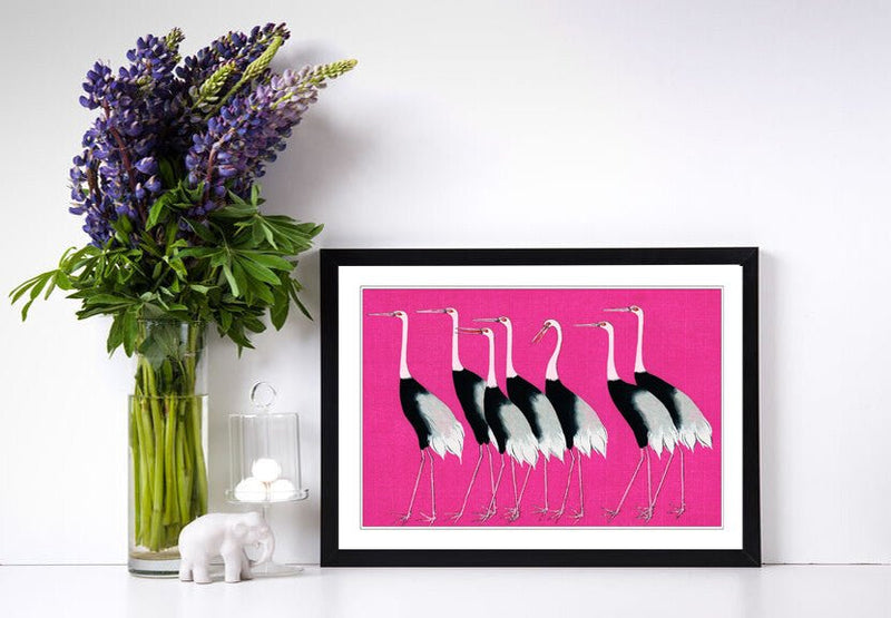 Framed Wall Art – Japanese Pink Crane Poster With Woodgrain Frame, Ready To Hang