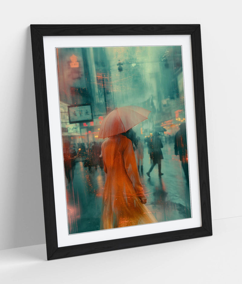 Framed Wall Art - Woman With Umbrella City Street Poster Print | Handmade UK