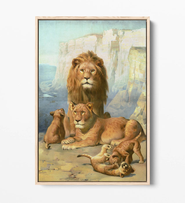 Lion Canvas Wall Art – Handmade UK Canvas With Float Effect & Cubs Print