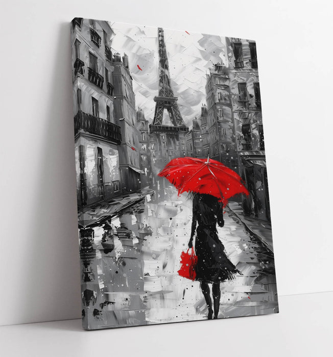 Red Umbrella Canvas - Paris City Print Woman Black White Wall Art | Premium Varnish Finish