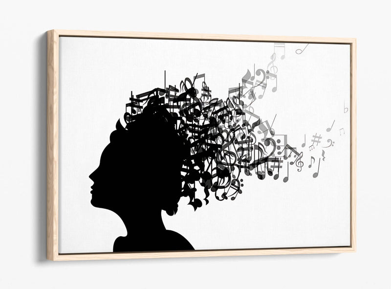 Canvas Art Print - Float Effect Canvas With Woman Silhouette & Music Notes Artwork