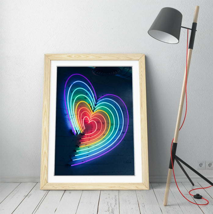 Framed Poster Art - Rainbow Heart Neon Wall Art Prints | MDF Wood Frame Ready To Hang