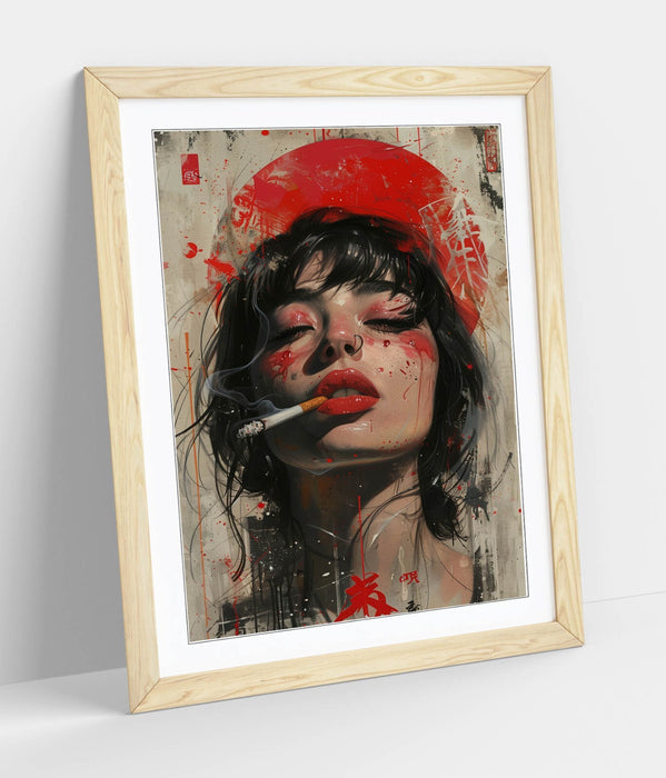 Framed Wall Art Poster - Portrait Of Pretty Woman Smoking Cigarette In Wood Grain Frame