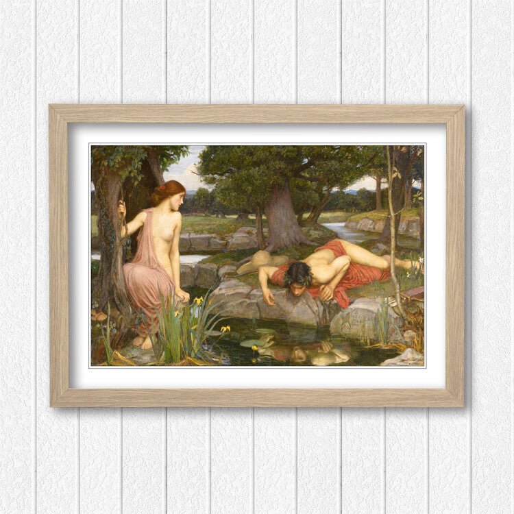 Echo Narcissus Framed Art – Waterhouse Art Print With Woodgrain Faux Frame