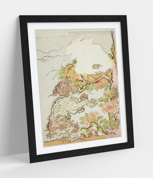 Framed Wall Art Poster Ready To Hang – Chinese Lions and Peonies Print, Handmade Archival Ink