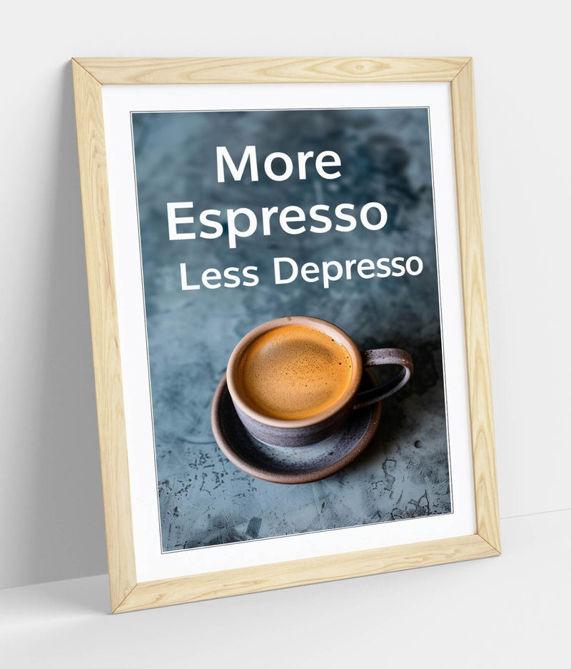 Espresso Wall Art – Framed Cafe Poster With Funny Coffee Quote & Woodgrain Frame